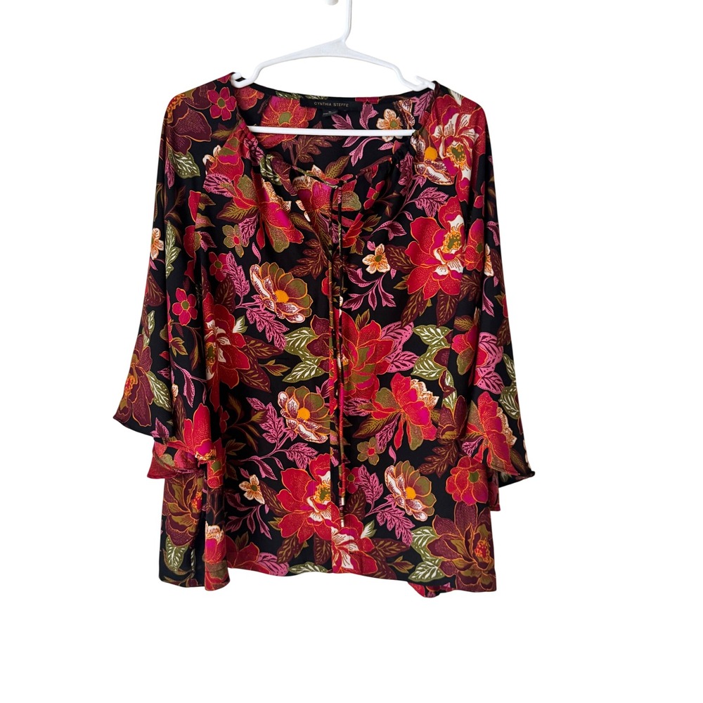 Cynthia Steffe Floral Bell Sleeve Blouse Black Red Pink XL